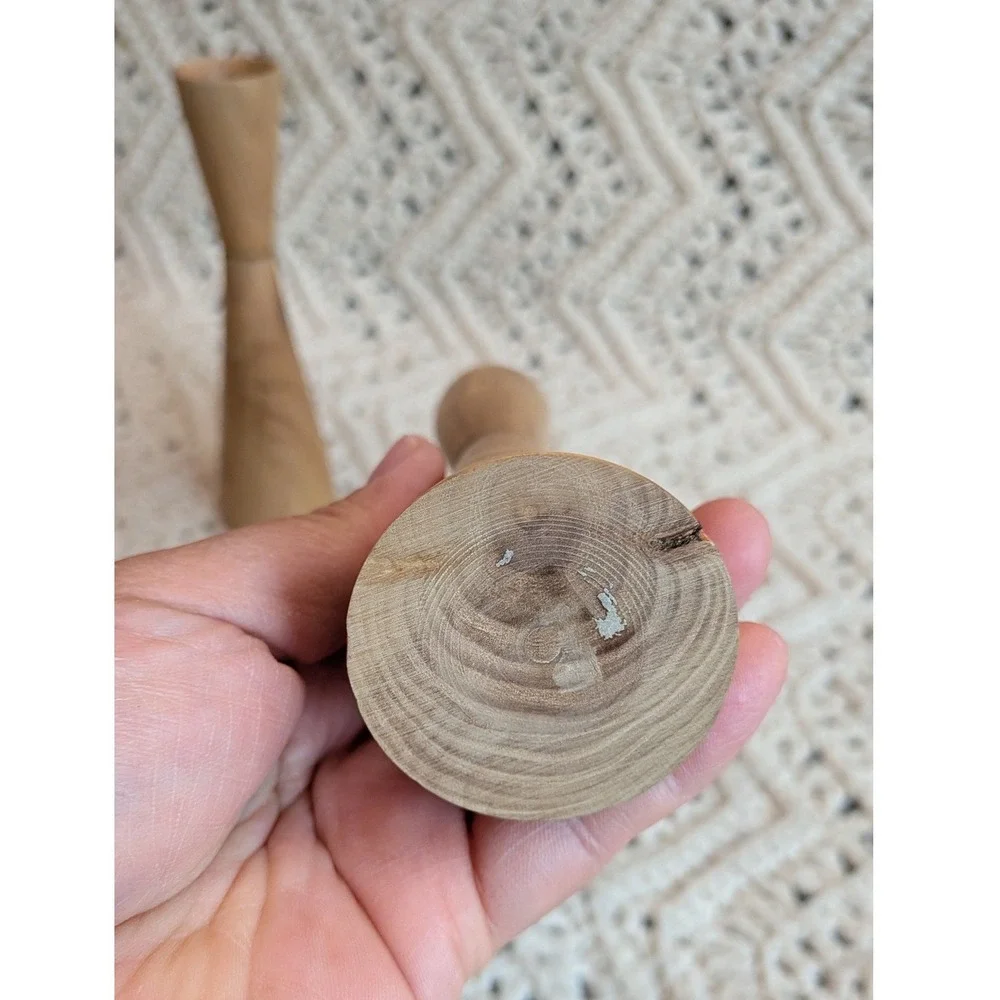 Vintage Mid Century Modern Wood Taper Candle Holders Set 2 Hourglass Minimalist